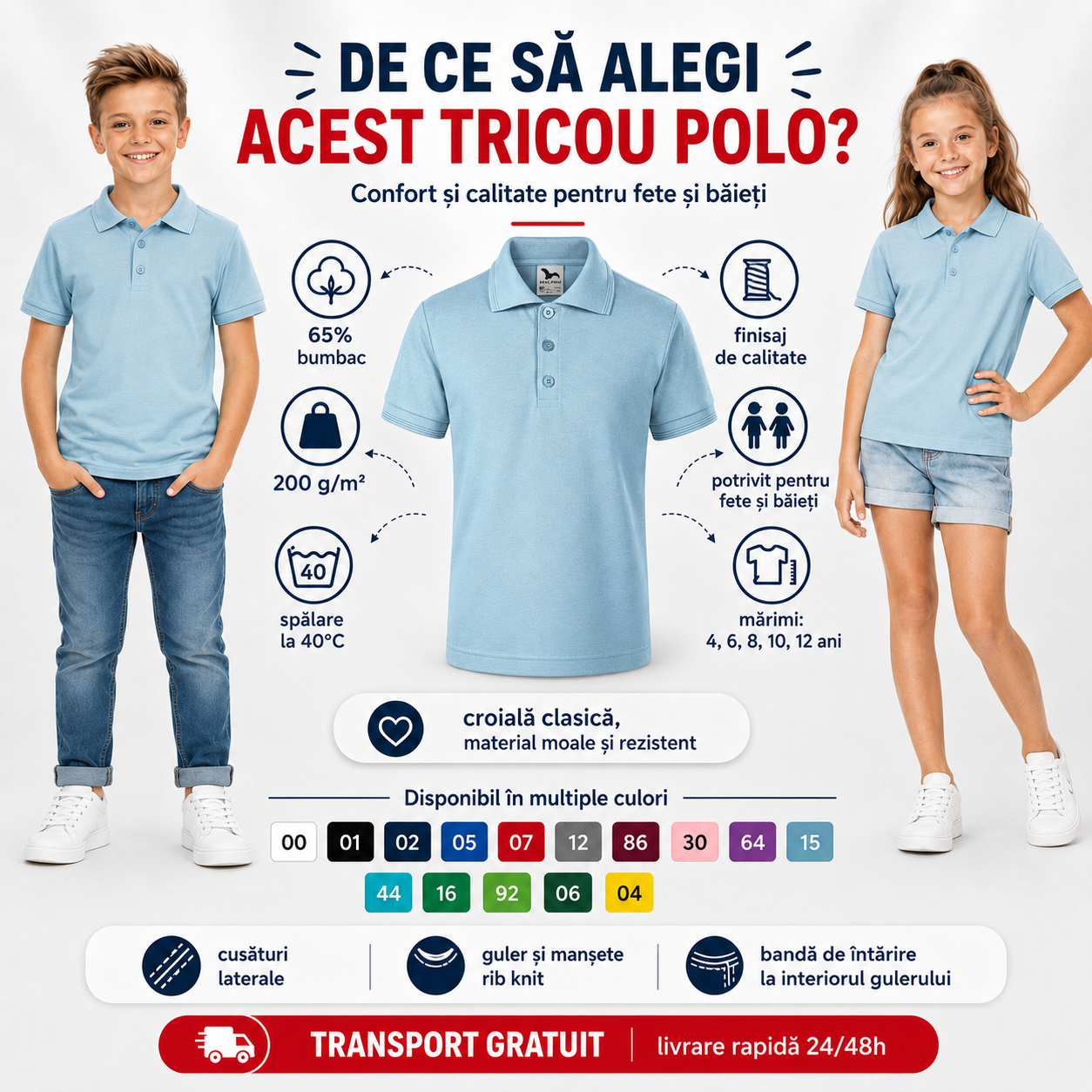 Tricou polo copii pentru fete și băieți, 65% bumbac, 200 g/m2, mărimi 4-12 ani